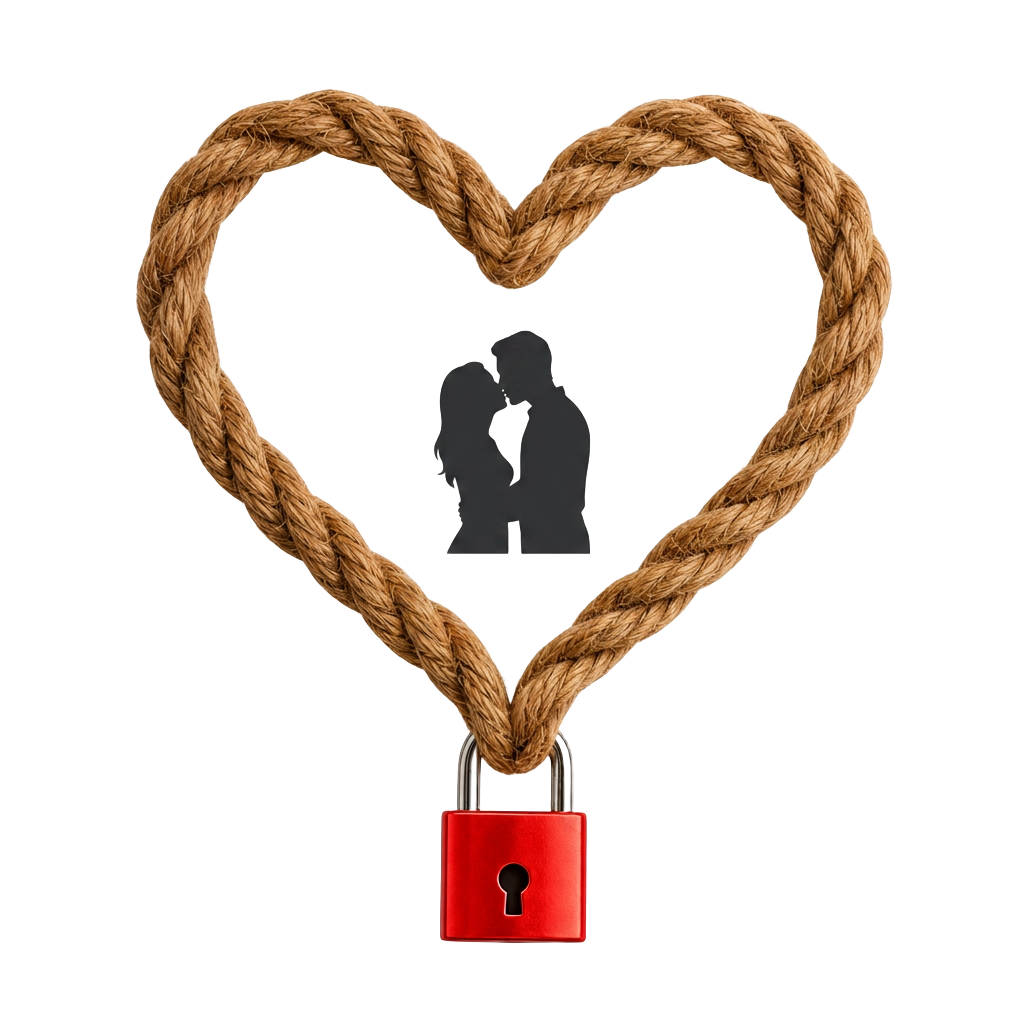 Coração feito de corda marrom com cadeado vermelho